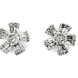.40TCW Diamond Baguette & Round Brilliant Pin Wheel Flower Stud Earrings 10KT WG *FINAL SALE*