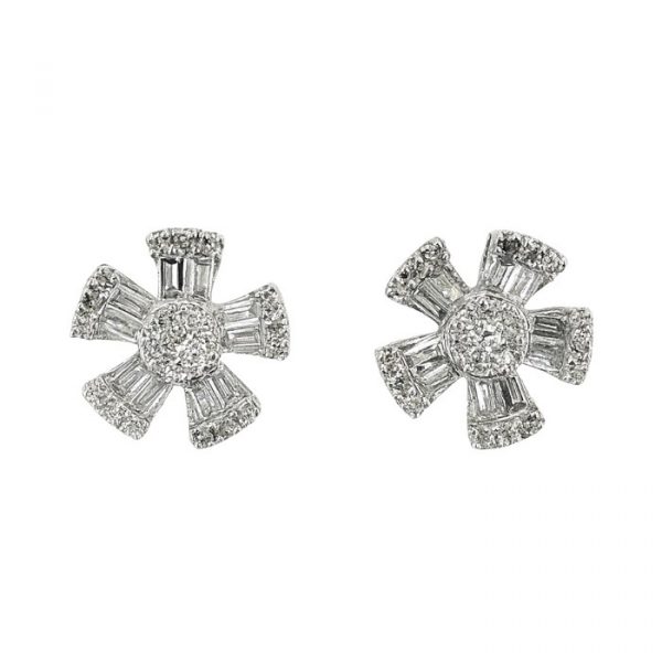 .40TCW Diamond Baguette & Round Brilliant Pin Wheel Flower Stud Earrings 10KTW  *FINAL SALE*
