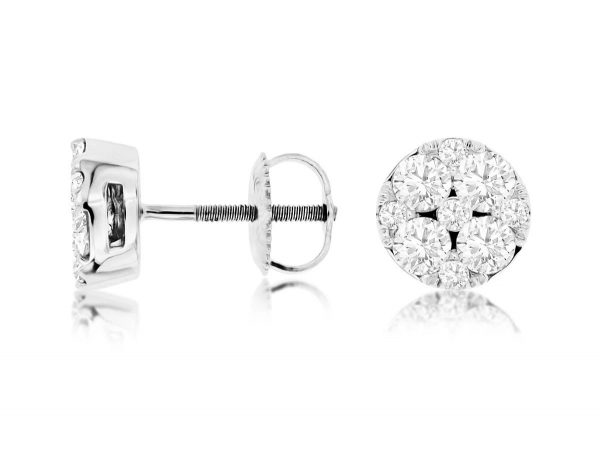 .50TCW Diamond Round Invisible Set Cluster Screwback Stud Earrings 10KT WG   *FINAL SALE*