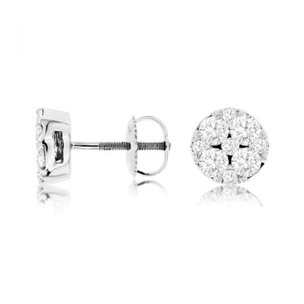 .50TCW Diamond Round Invisible Set Cluster Screwback Stud Earrings 10KT WG   *FINAL SALE*