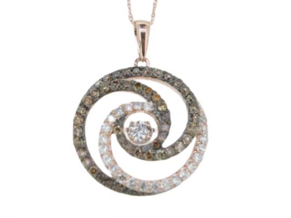 1.11TCW Enhanced Chocolate & White Dancing Diamond Swirl Circle Pendant W/Chain 14KT PK     **CLEARANCE-FINAL SALE**