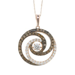 1.11TCW Enhanced Chocolate & White Dancing Diamond Swirl Circle Pendant W/Chain 14KT PK     *CLEARANCE-FINAL SALE*