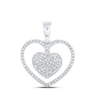 .33TCW Diamond Heart Frame & Pave Heart Dangle Pendant W/ 18" Chain 10KT WG