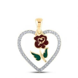 .15TCW Diamond Heart Frame & Rose Pendant W/ 18" Chain 10KT/17MM