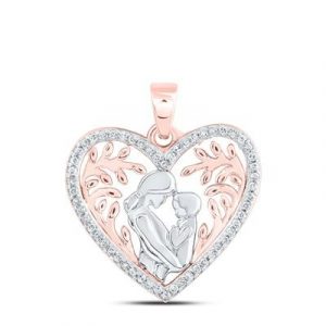 .10TCW Diamond Heart Mother & Child Filigree Pendant with 18" Chain 10KT PK & WG/15MM