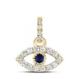 .09TCW Diamond & Genuine Blue Sapphire Evil Eye Pendant with 18" Chain 14KT