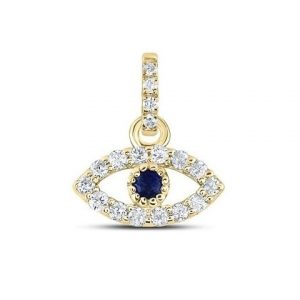 .09TCW Diamond & Genuine Blue Sapphire Evil Eye Pendant with 18" Chain 14KT *CLEARANCE-FINAL SALE*