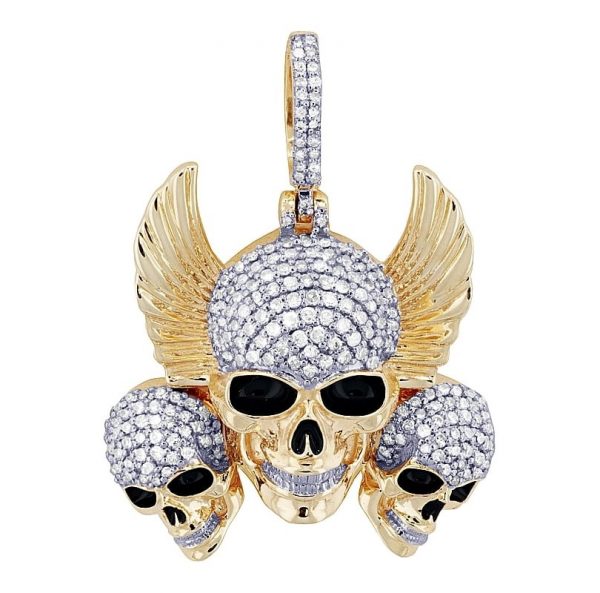 1.0TCW Diamond Triple Skull with Wings Pendant 10KT/27MM