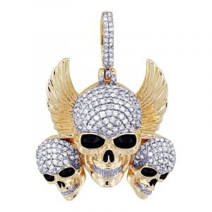1.0TCW Diamond Triple Skull with Wings Pendant 10KT/27MM