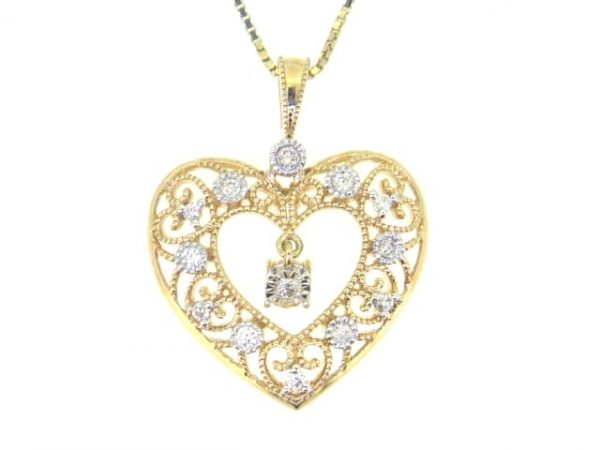.12TCW Diamond Dancing Diamond Filigree Heart Pendant w/ 16" Chain 10KT /17MM