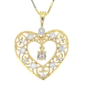 .12TCW Diamond Dancing Diamond Filigree Heart Pendant w/ 16" Chain 10KT /17MM