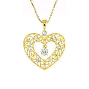 .12TCW Diamond Dancing Diamond Filigree Heart Pendant w/ 16" Chain 10KT /17MM