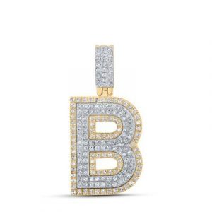 B Initial .50TCW Diamond Raised Block Pendant 10KT TT/20MM