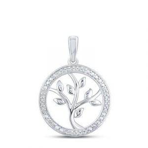 .08TCW Tree of Life Diamonds Round Pendant with 18" Chain Sterling Silver/17MM