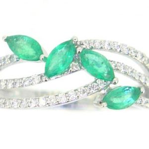 Genuine Emerald Multi Marquise 5X2.5MM & .20TCW Diamond 3 Row Ring 10KT WG