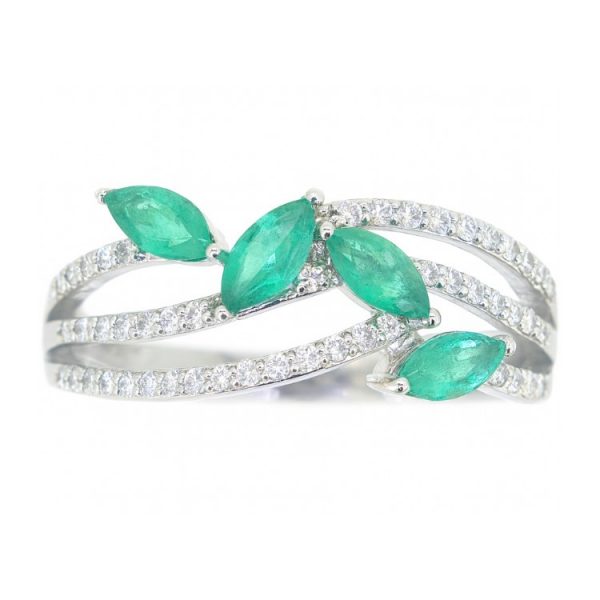 Genuine Emerald Multi Marquise 5X2.5MM & .20TCW Diamond 3 Row Ring 10KT WG