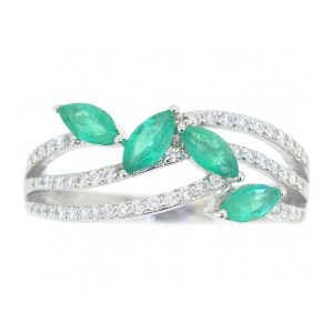 Genuine Emerald Multi Marquise 5X2.5MM & .20TCW Diamond 3 Row Ring 10KT WG   *CLEARANCE-FINAL SALE*