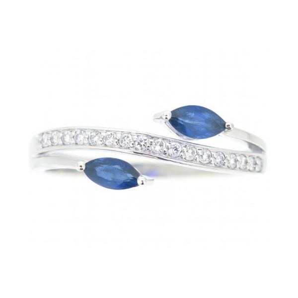 Genuine Sapphire Marquise 5x2.5MM & .14TCW Diamond Bypass Ring 10KT WG