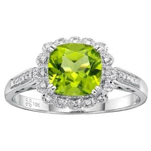 Genuine Peridot Cushion 7mm & Diamond Scalloped Edge Ladies Ring 10KT WG