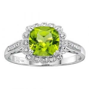 Genuine Peridot Cushion 7mm & Diamond Scalloped Edge Ladies Ring 10KT WG