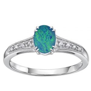 Genuine Black Opal Doublet & Diamond Ladies Ring 10KT WG