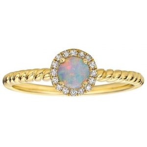 Genuine Opal Round 4.5mm & Diamond Halo Rope Shank Ladies Ring 10KT