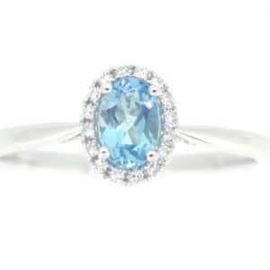 Genuine Blue Topaz 6x4 & Diamond Halo Ladies Ring 10KT WG