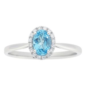 Genuine Blue Topaz 6x4 & Diamond Halo Ladies Ring 10KT WG