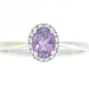 Genuine Amethyst 6x4 & Diamond Halo Ladies Ring 10KT WG
