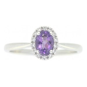 Genuine Amethyst 6x4 & Diamond Halo Ladies Ring 10KT WG