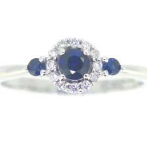 Genuine Sapphire & .08TCW Diamond Halo Ladies Ring 10KT WG