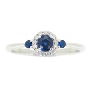 Genuine Sapphire & .08TCW Diamond Halo Ladies Ring 10KT WG