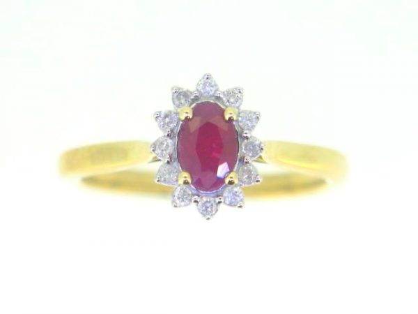 Genuine Ruby Oval 6x4 & .10TCW Diamond Cluster Ladies Ring 10KT