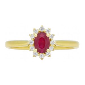Genuine Ruby Oval 6x4 & .10TCW Diamond Cluster Ladies Ring 10KT