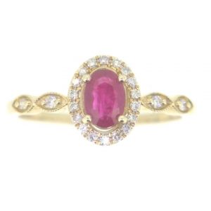 Genuine Ruby Oval 6 x4 & .15TCW Diamond Halo Vintage Design Ladies Ring 14KT