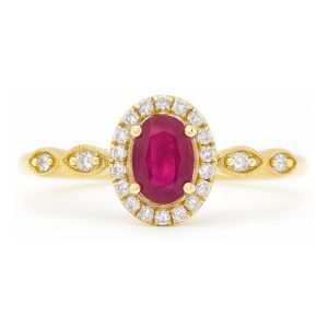 Genuine Ruby Oval 6 x4 & .15TCW Diamond Halo Vintage Design Ladies Ring 14KT