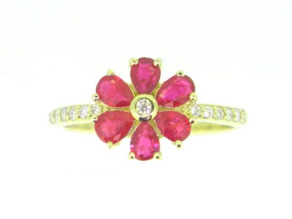 Genuine Ruby Pear Shape x6 & .15TCW SI GH Diamonds Ladies Flower Ring 14KT