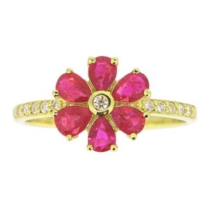 Genuine Ruby Pear Shape x6 & .15TCW SI GH Diamonds Ladies Flower Ring 14KT