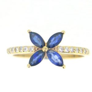 Genuine Sapphire Marquise x4 & .12TCW SI GH Diamonds Ladies Flower Ring 14KT
