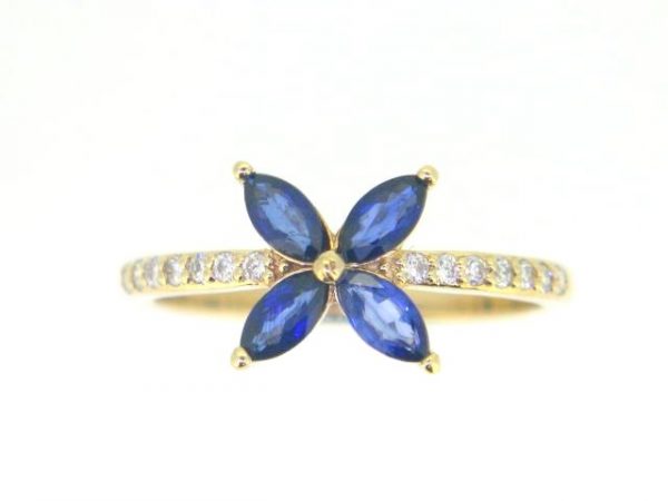Genuine Sapphire Marquise x4 & .12TCW SI GH Diamonds Ladies Flower Ring 14KT