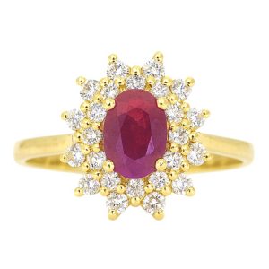 Genuine Ruby Oval 7x5 & .42TCW Diamonds Double Tier Cluster 14KT