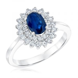 Genuine Sapphire Oval 7x5 & .43TCW SI HI Diamonds Double Tier Cluster 14KT WG