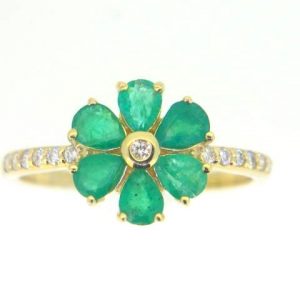 Genuine Emerald Pear Shape x6 & .15TCW SI GH Diamonds Ladies Flower Ring 14KT
