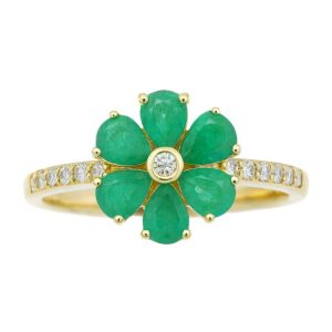 Genuine Emerald Pear Shape x6 & .15TCW SI GH Diamonds Ladies Flower Ring 14KT