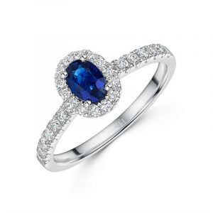 Gen. Sapphire 6x4 & .15tcw Diamond Ladies Ring 10KT WG