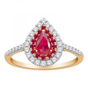 Gen. Ruby Pear Shape & .10tcw Diamond Double Halo Ladies Ring 10KT