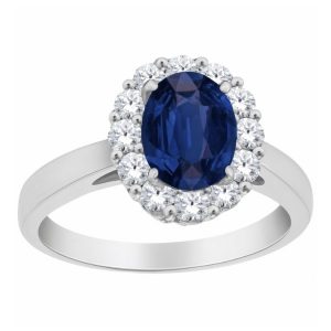 LAB Sapphire 8x6 & LAB Diamond Oval Cluster Ladies Ring 10KT WG