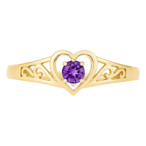 Heart Shaped Filigree Ring with 2.5mm Round Gen. Amythest 10KT