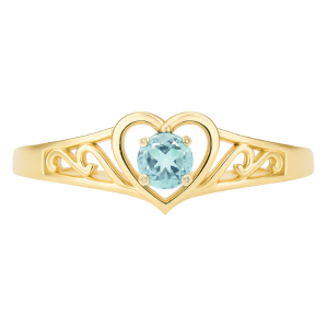 Heart Shaped Filigree Ring with 2.5mm Round Gen. Aquamarine 10KT