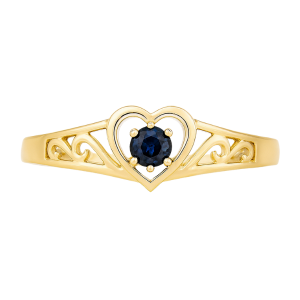 Heart Shaped Filigree Ring with 2.5mm Round Gen. Sapphire 10KT